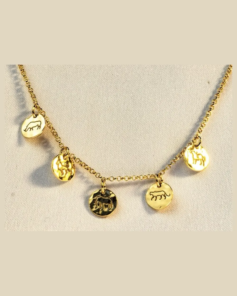 Five circular charms suspended along a necklace on a warm neutral surface.